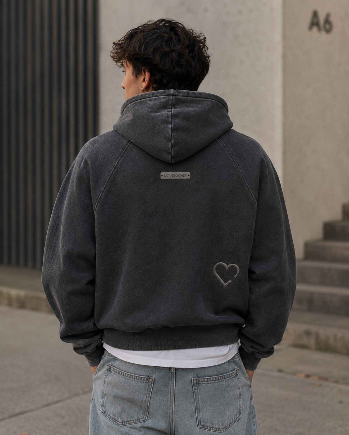 SNOW WASH CROP HOODIE styled on him back
