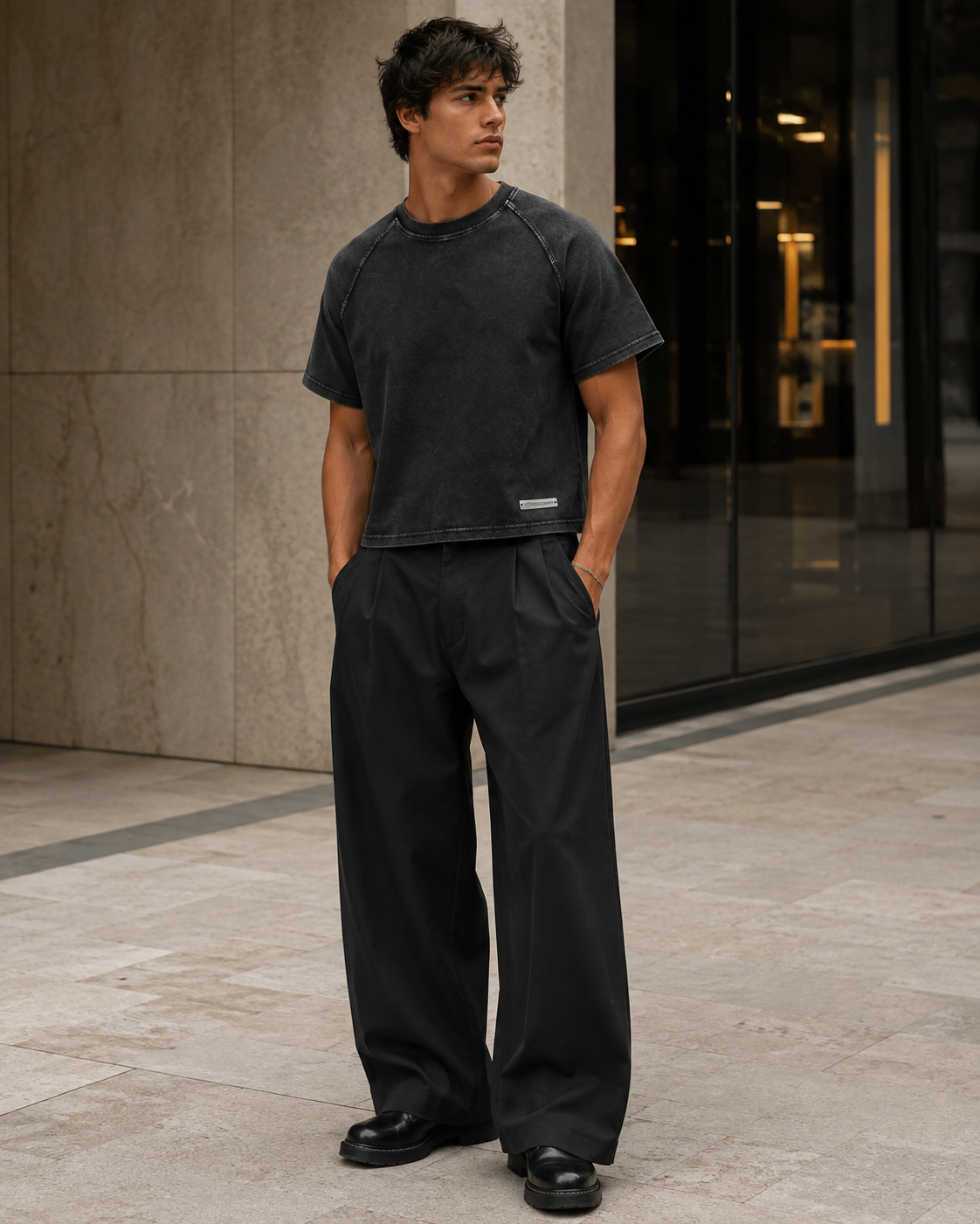 MINERAL WASH CROP TEE styled on male model